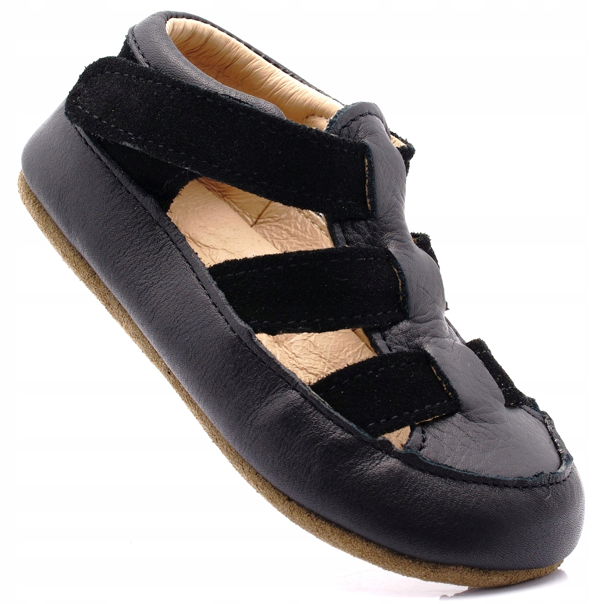 Kapcie dziecięce Brifi OBEX rozmiar 22 skórzane barefoot czarne rzepy